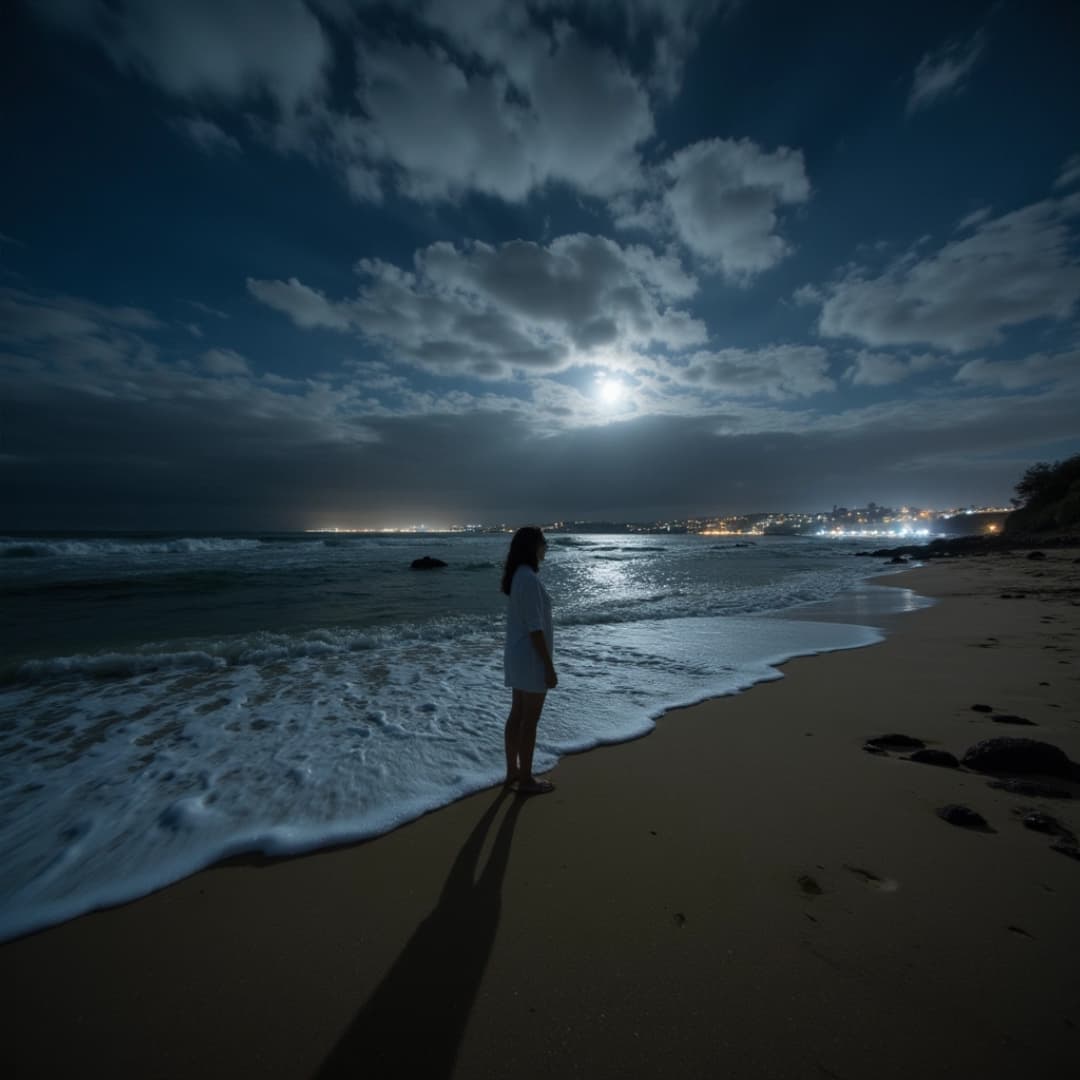 eine frau steht nachts allein am strand