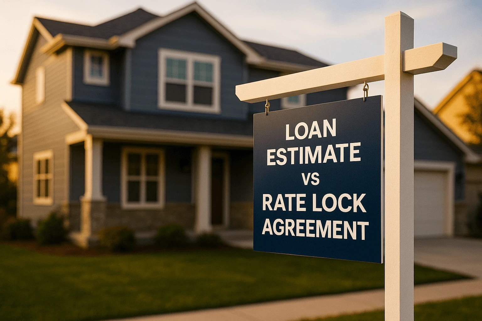Real estate sign in front of a house displaying the words “Rate Lock Agreement vs. Loan Estimate”.