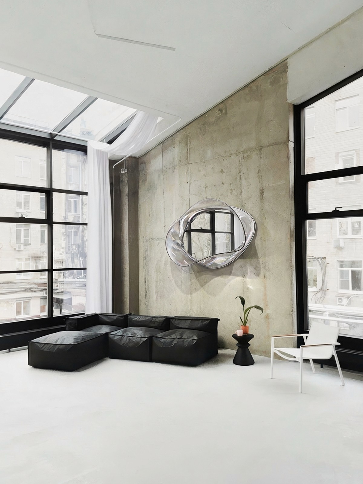 An orange cube-shaped side table is shown.