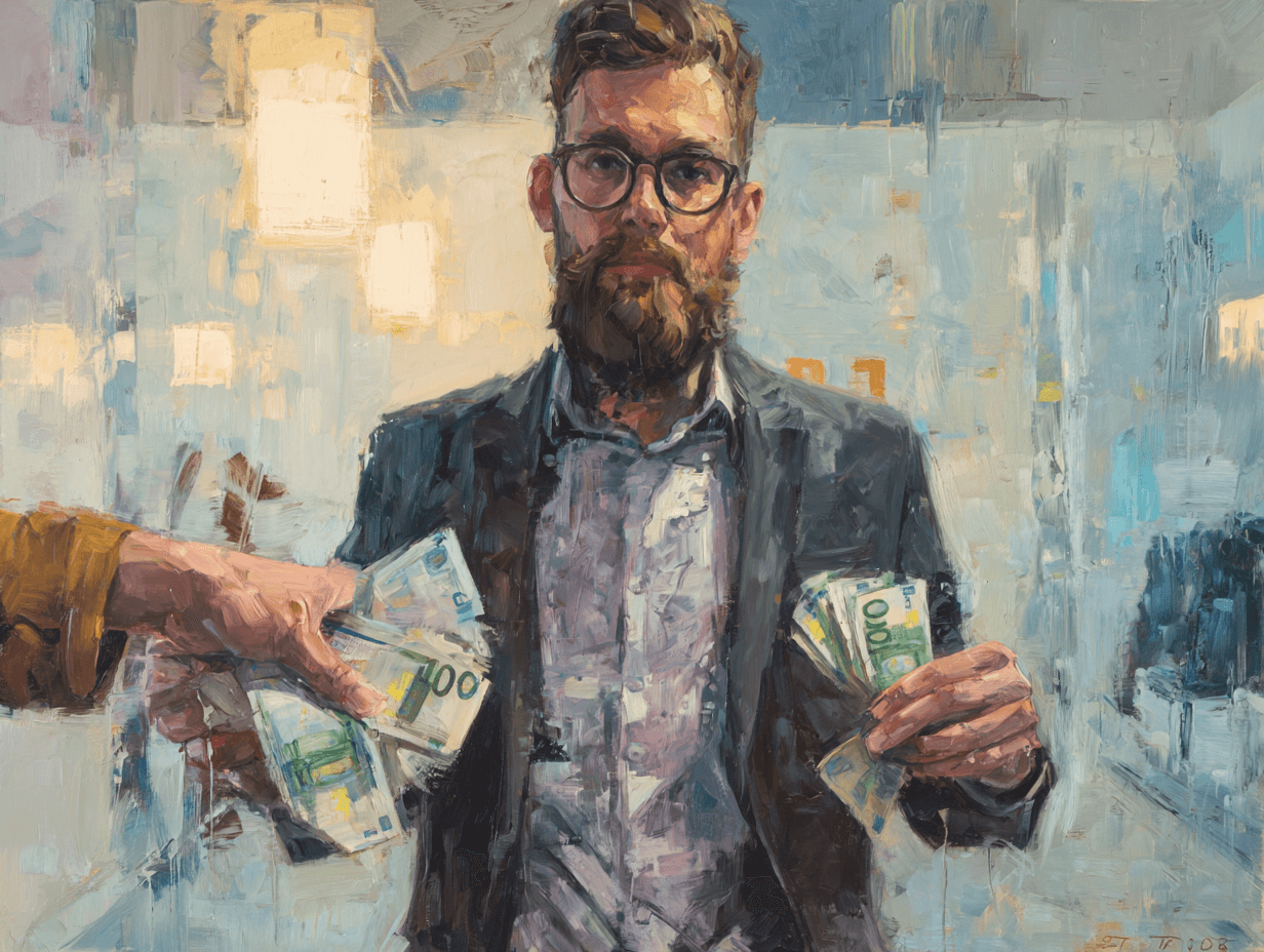 An impressionist oil painting of a bearded man in a suit standing in an office. A hand on the left puts euro banknotes into one of his jacket pockets, while another hand on the right takes money out of the other pocket, symbolizing uneven cash flow or internal financial inefficiency.