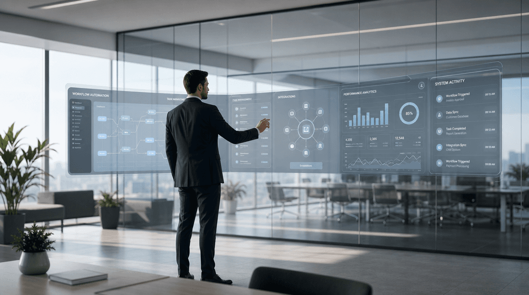 Professional working in a seamless office environment with integrated digital workflows.