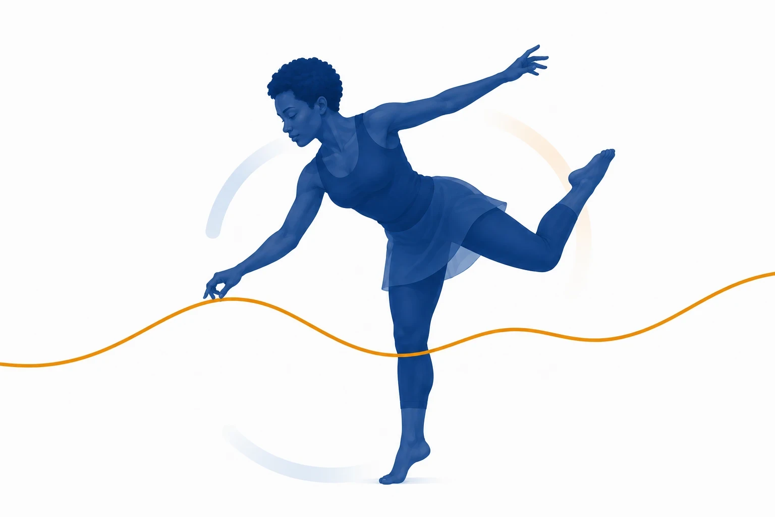Figura feminina negra equilibra-se em uma perna enquanto examina cuidadosamente um trecho do fio dourado.