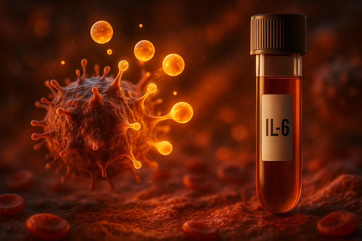 IL-6 blood sample tube next to inflamed immune cell illustration.