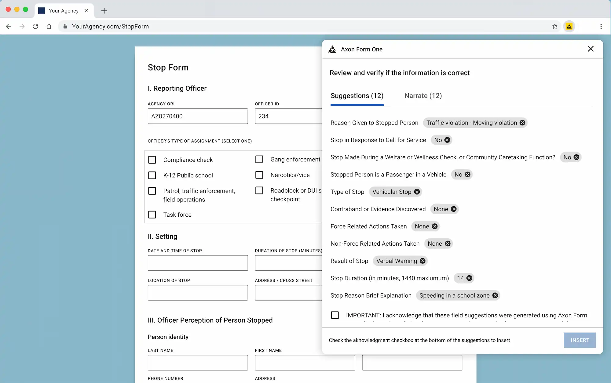 The pilot interface of the browser extension showing AI suggestions in a sidebar with a "Bulk Approve" button for the officer.