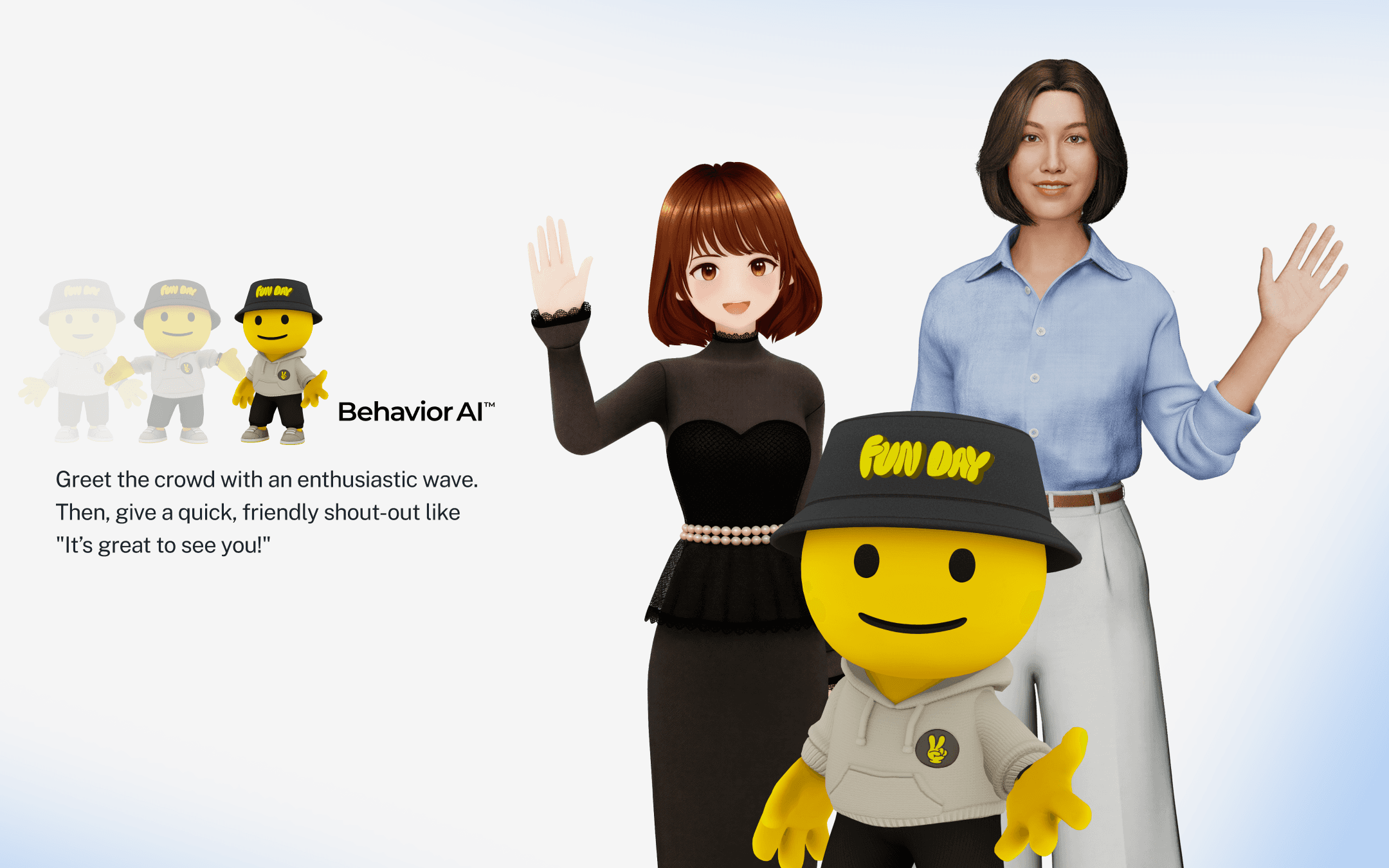 Three expressive 3D avatars, showcasing different personas and styles, powered by Perxona's Behavior AI™ technology.
