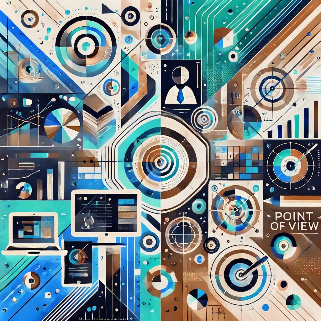 The image appears to be a highly detailed and abstract digital illustration featuring a complex array of technological and geometric elements. It includes various icons and symbols related to technology and data, such as computer screens, graphs, and abstract shapes. The color scheme primarily includes shades of blue, brown, and white, creating a visually dynamic composition. The design suggests themes of connectivity, data analysis, and modern digital infrastructure, possibly representing the integration of technology in various aspects of life and work. The words "POINT OF VIEW" are visible within the design, further emphasizing the theme of perspective and data interpretation.