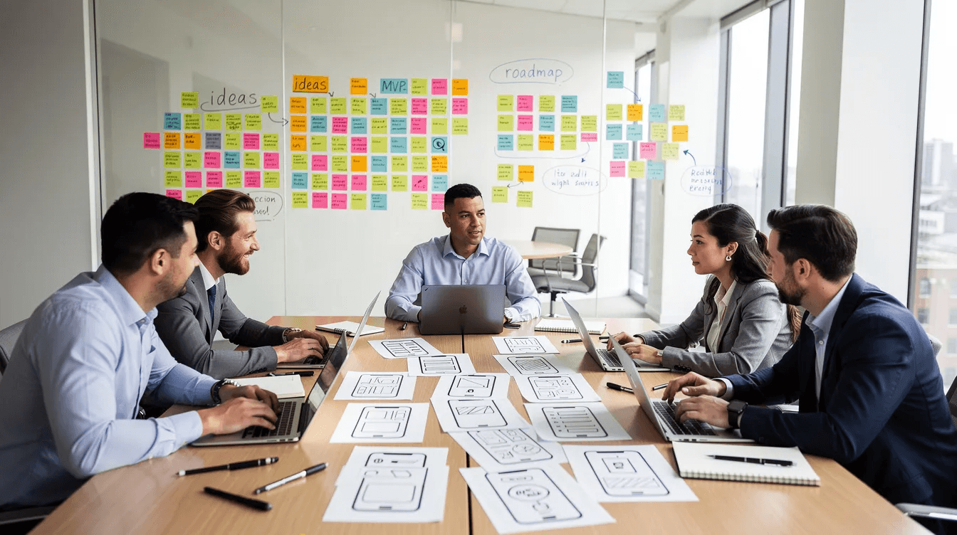 A collaborative team is gathered around a large table, engaged in discussion while using laptops. Sticky notes adorn a glass wall, and design sketches are visible, showcasing their creative web design process and digital strategy for upcoming web projects.