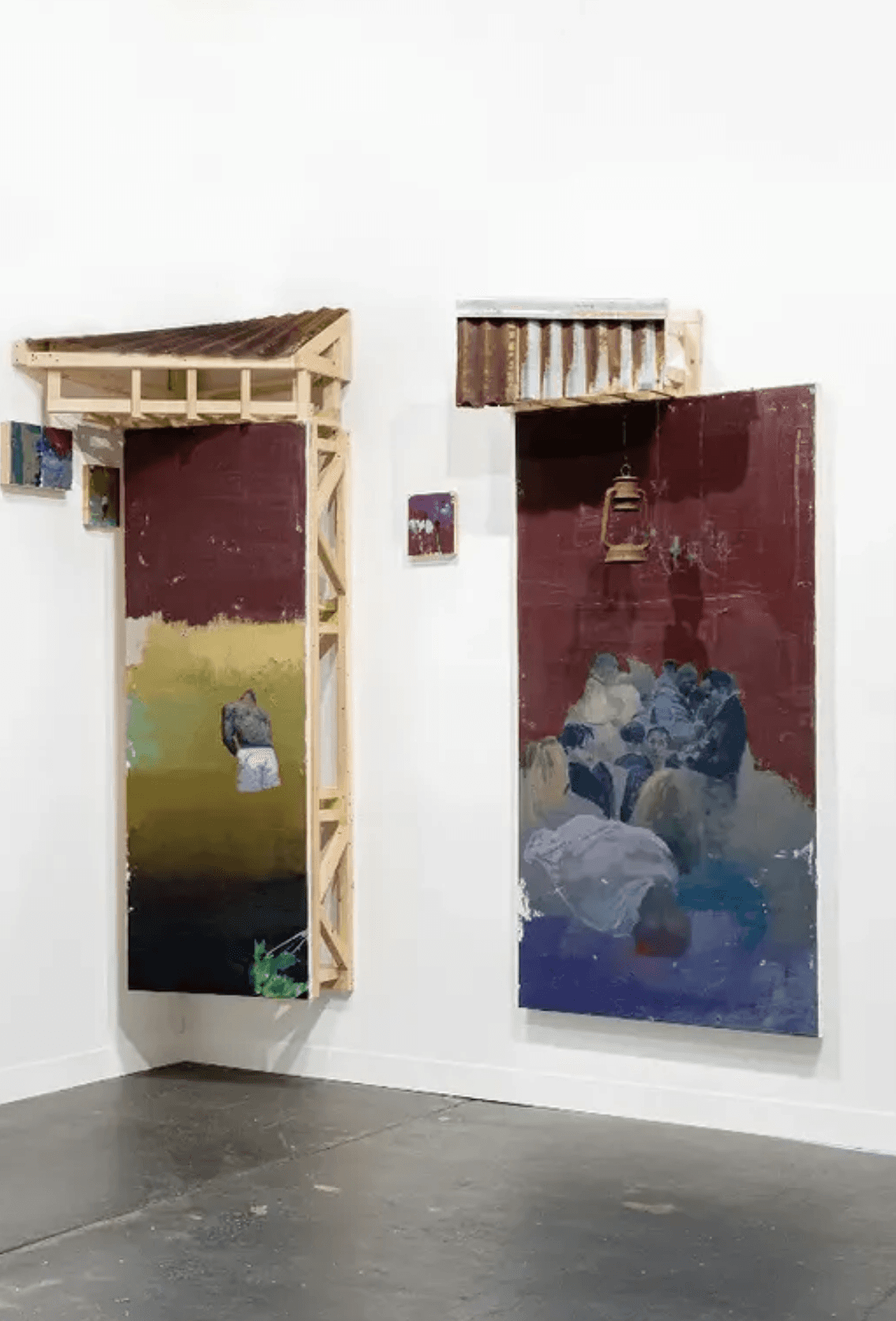 Austin Uzor’s paintings with zinc roofing and a lantern, which the artist buys new and rusts himself, at Tanya Weddemire Gallery’s Armory debut.&nbsp; Courtesy the artist and Tanya Weddemire Gallery