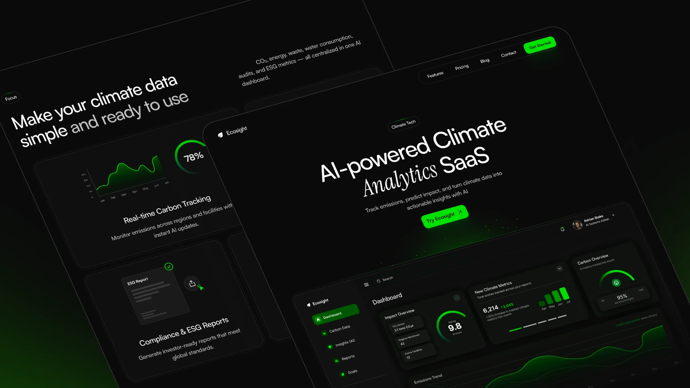 Ecosight — dark AI-powered climate analytics SaaS template featuring dashboards, charts, KPIs, and real-time emissions insights.