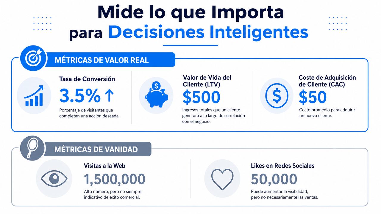 Infografía comparativa entre métricas de valor real y métricas de vanidad para la toma de decisiones empresariales.