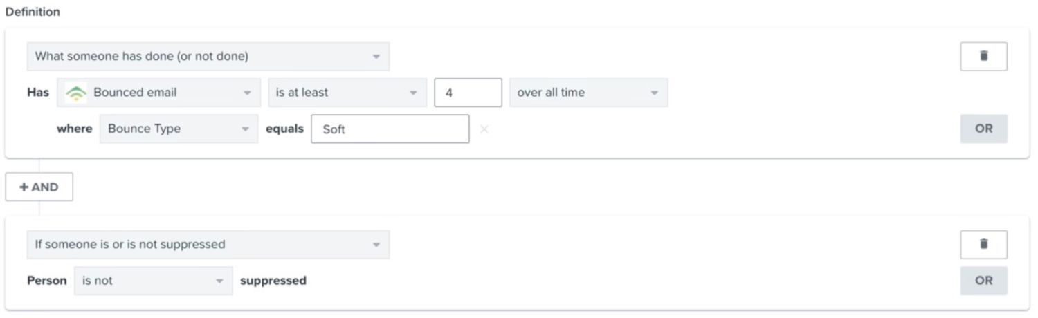 Soft Bounce Segment.jpeg – Segment setup in Klaviyo for filtering out soft bounces after multiple failed email deliveries.