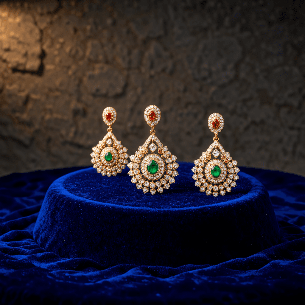 product photography of set of traditional jewelry including earrings and a pendant