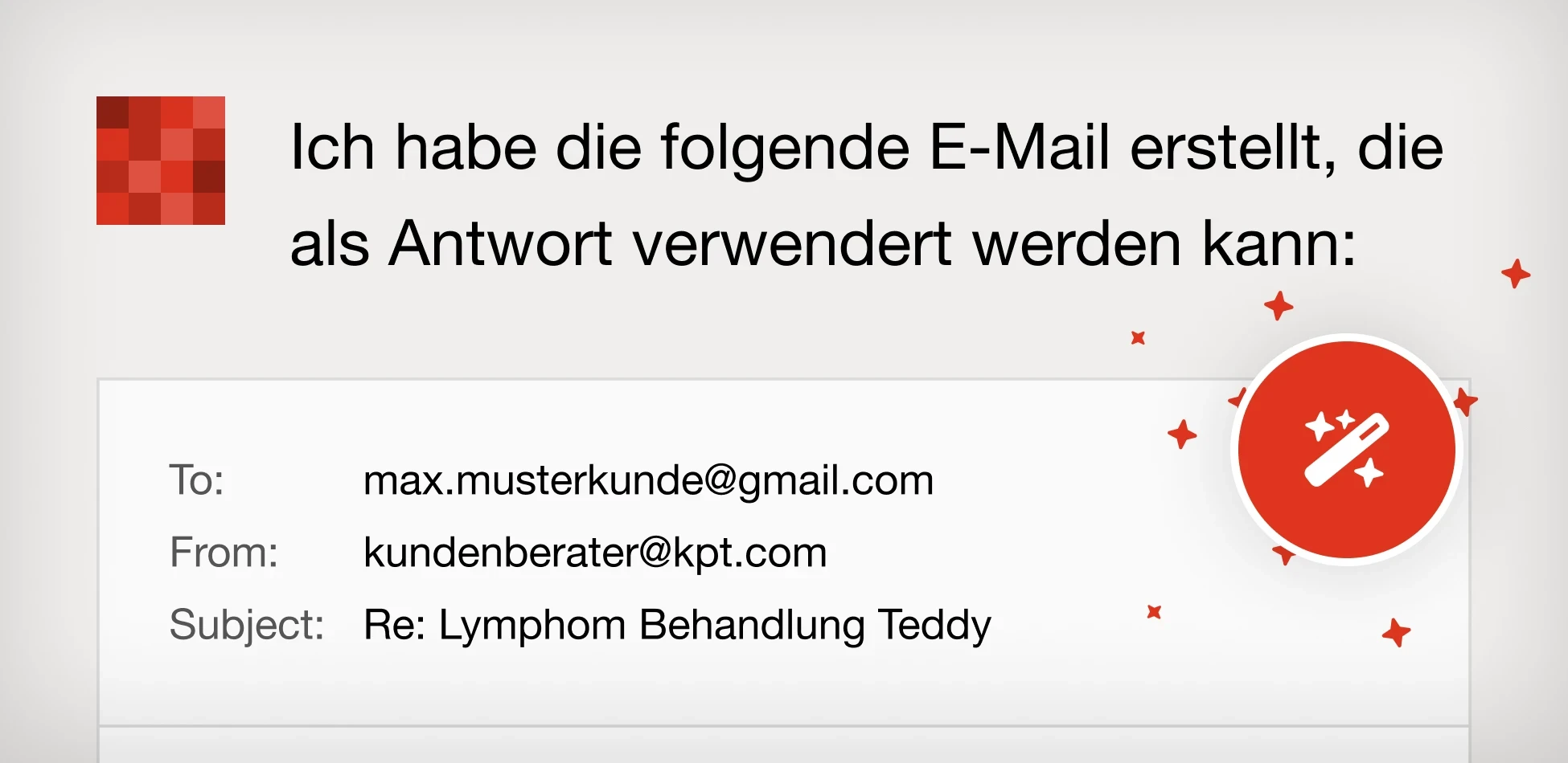 Email template showing correspondence between customer and healthcare provider about lymphoma treatment coverage.