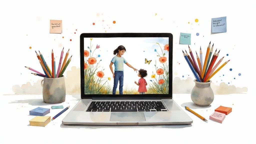 A laptop on a white desk displays two girls in a flower field, surrounded by colorful pencils and sticky notes.