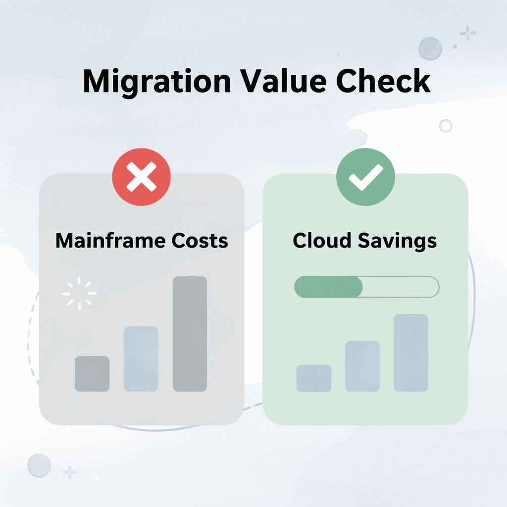 Before and after infographic comparing mainframe costs to cloud savings