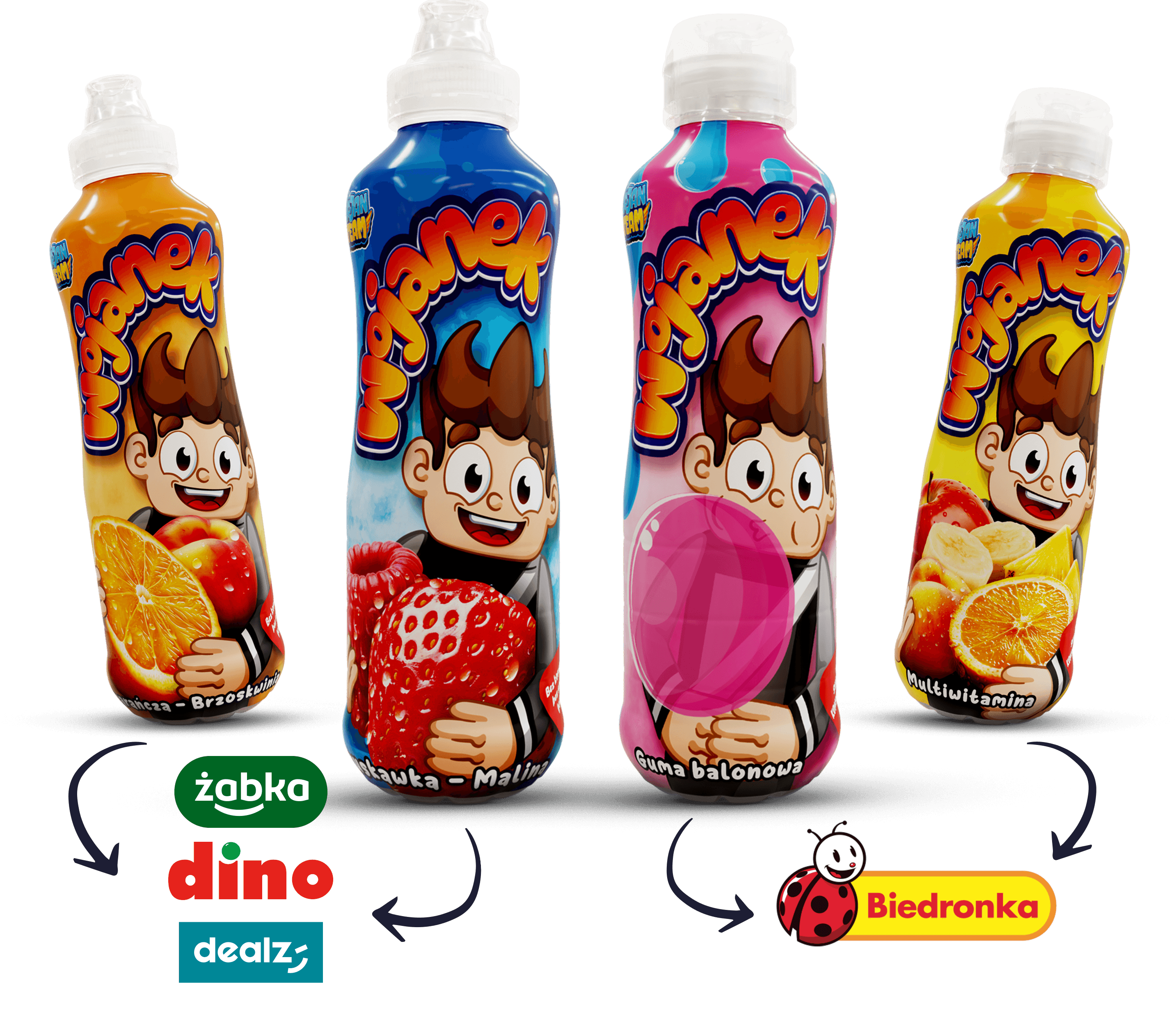 Wojanek – napój w butelkach, smaki truskawka i malina, pomarańcza i brzoskwinia, multiwitamina, guma balonowa