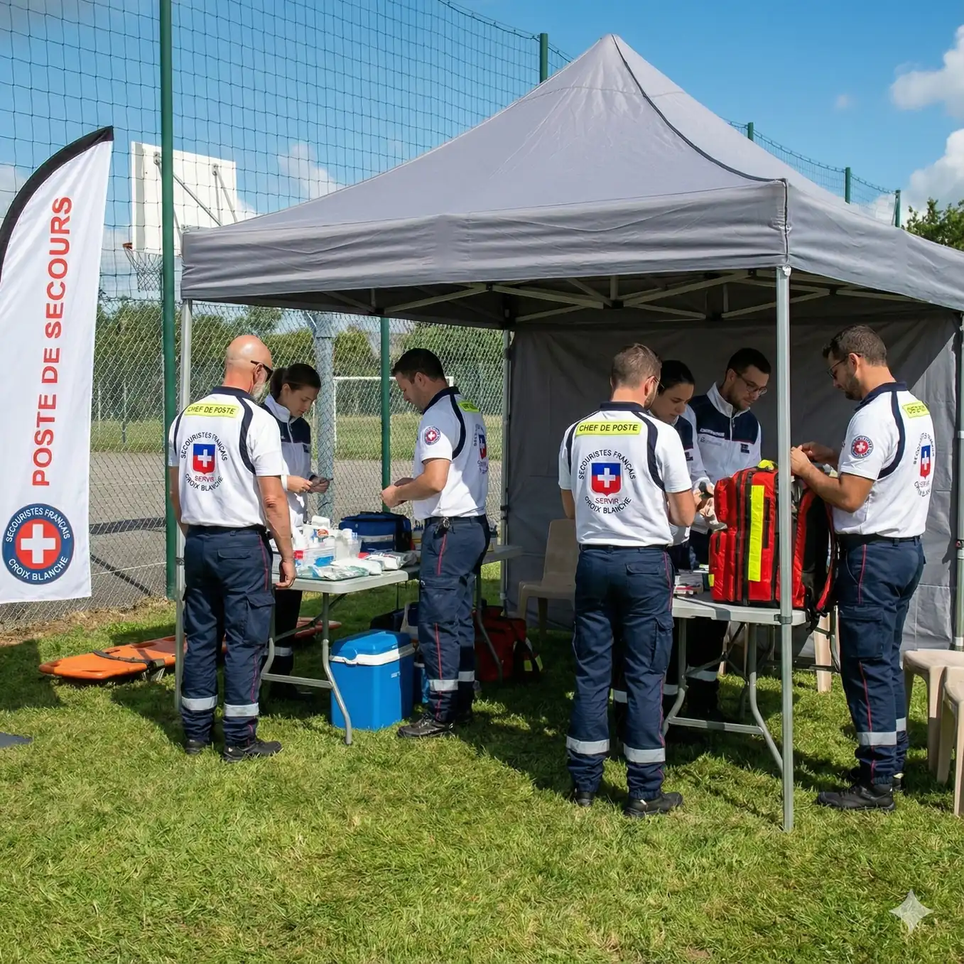 Secouristes Croix-Blanche en action à un poste de secours extérieur.