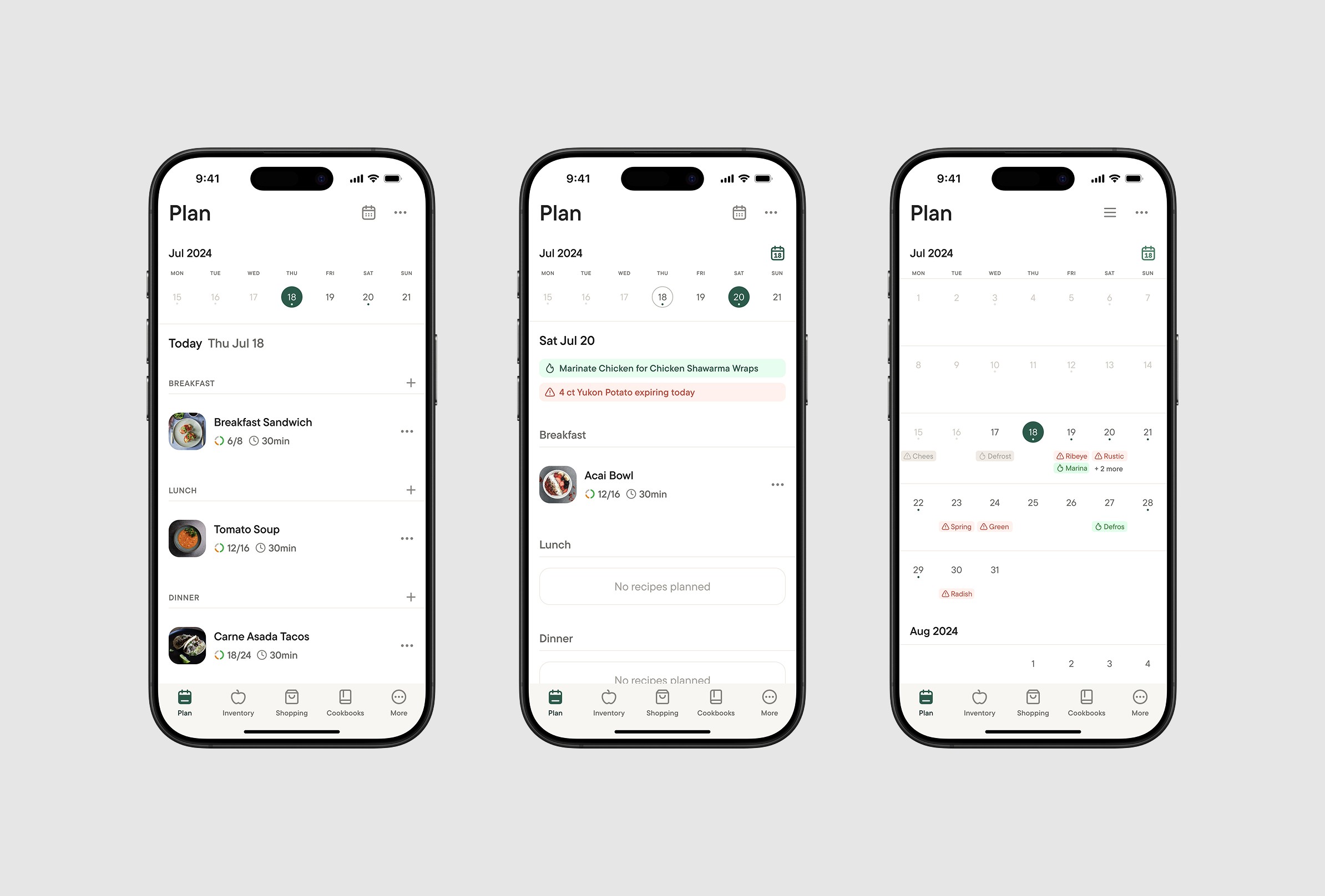 Plan screens (Today (default), and Tomorrow).