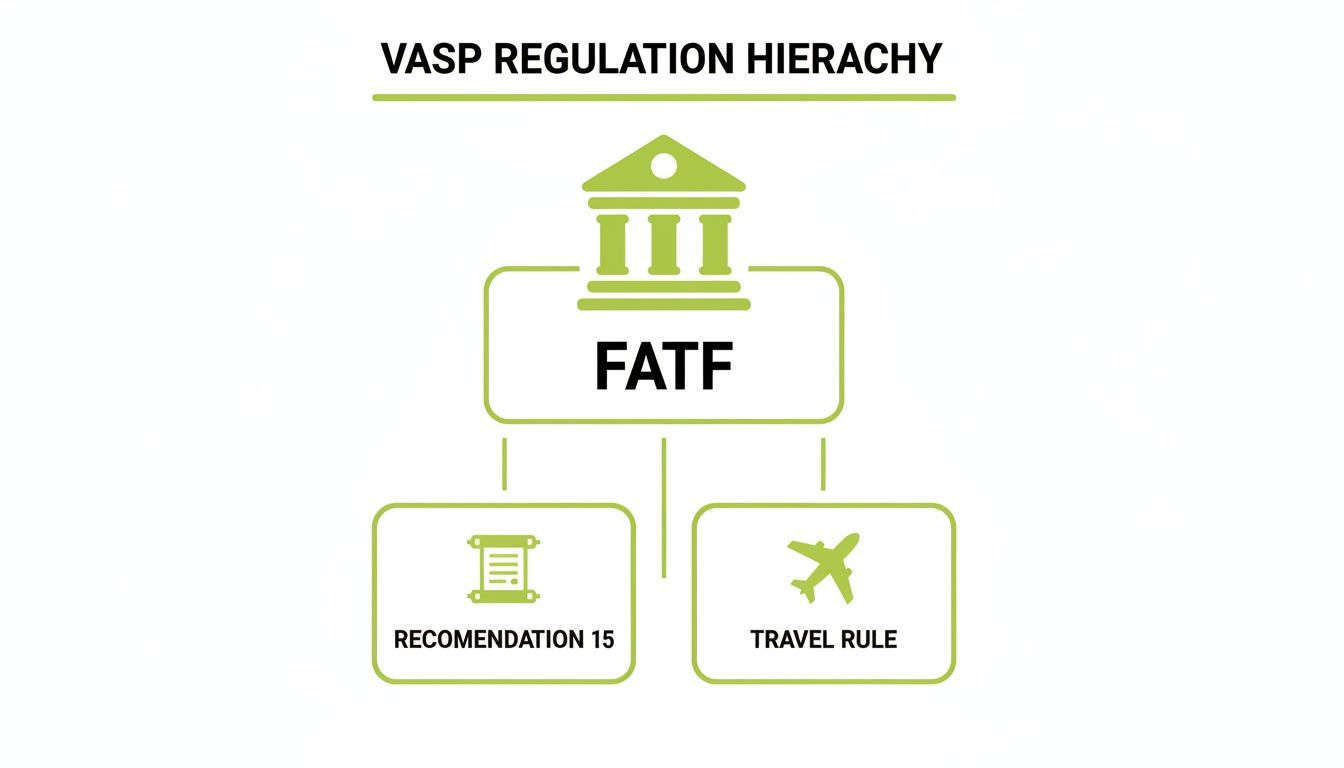 A hierarchy diagram showing FATF as the main body for VASP Regulation, linked to Recommendation 15 and Travel Rule.