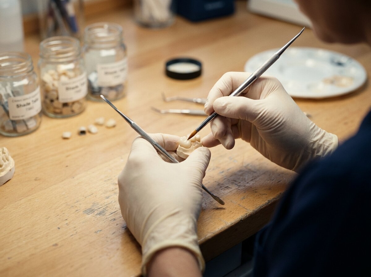Porcelain layered by hand in the lab upstairs