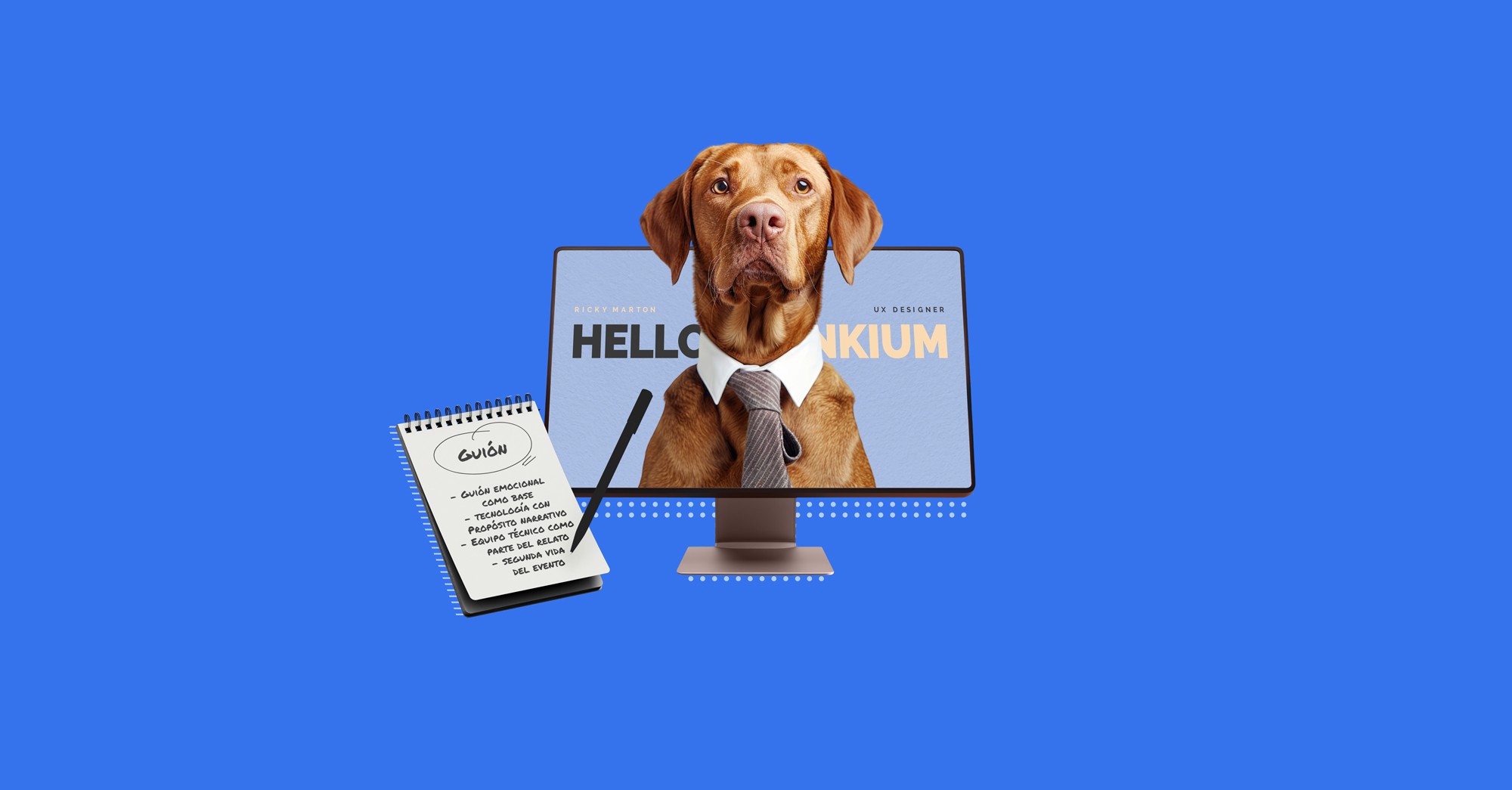 Perro con corbata frente a pantalla de computadora y bloc de notas en fondo azul.