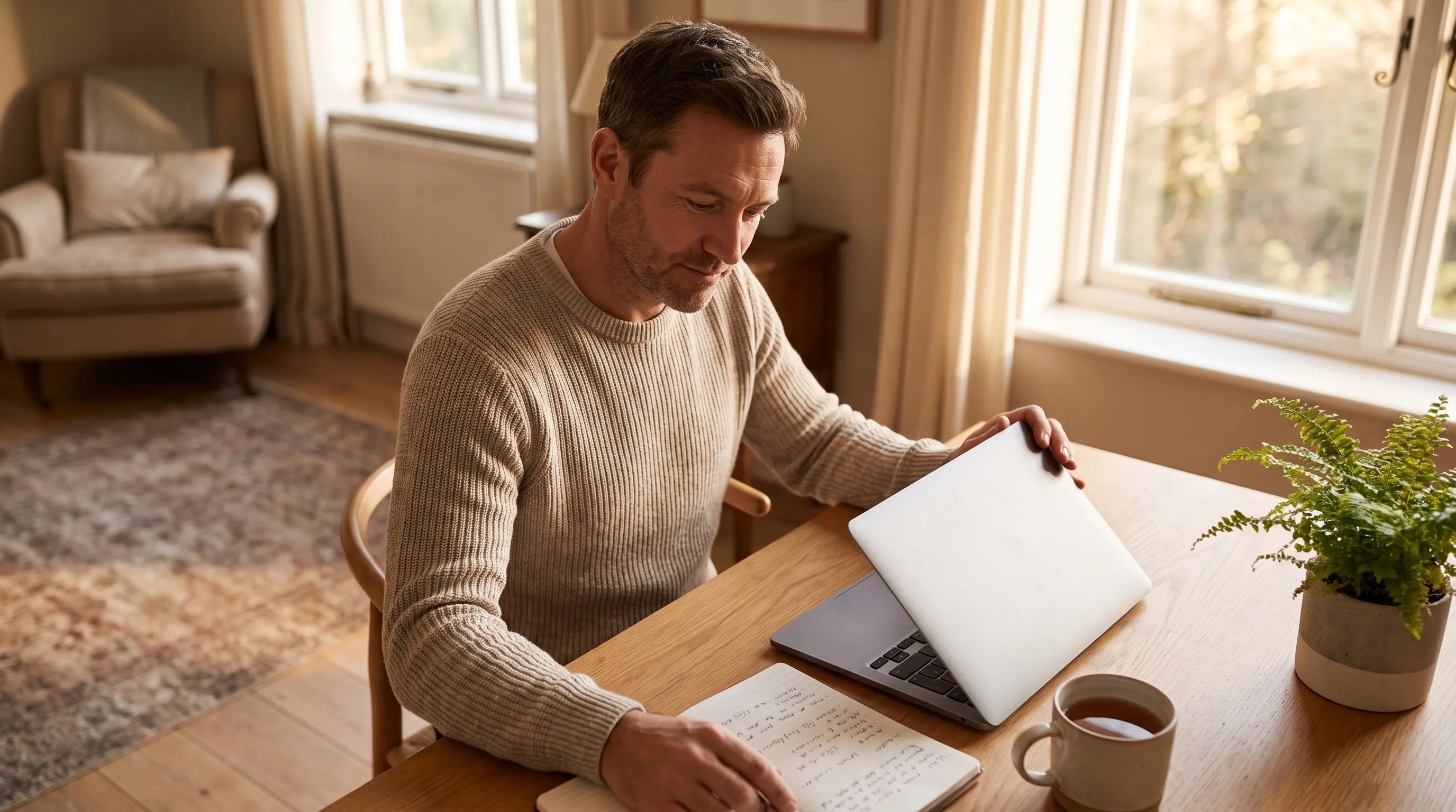 A professional reviewing handwritten meeting notes beside a closed MacBook after a Google Meet call