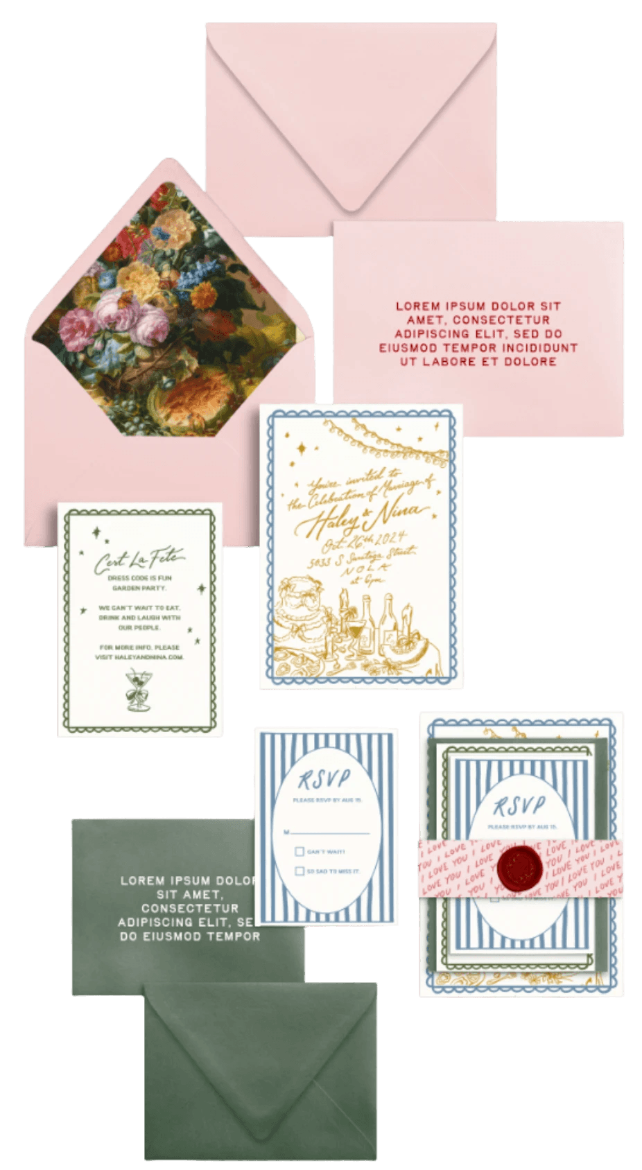 Colorful custom wedding invitations for a wedding in New Orleans.