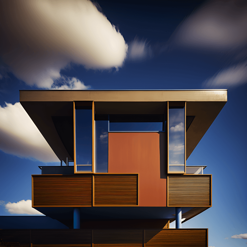 Abstract architectural rendering of modernist house with geometric planes and warm-toned panels against blue sky