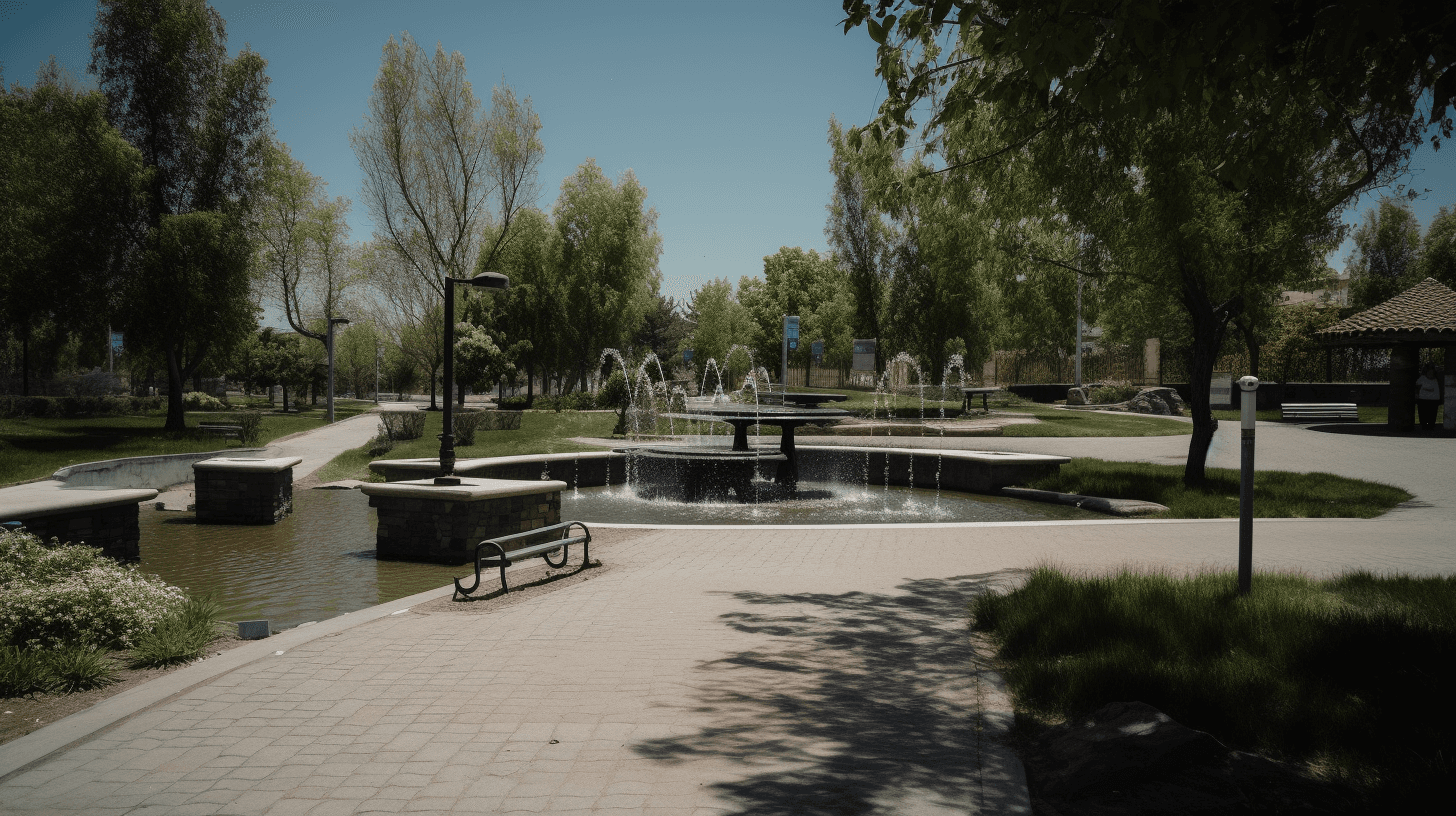 Public park with paved walkways, reflecting pools, mature trees, and benches under clear sky