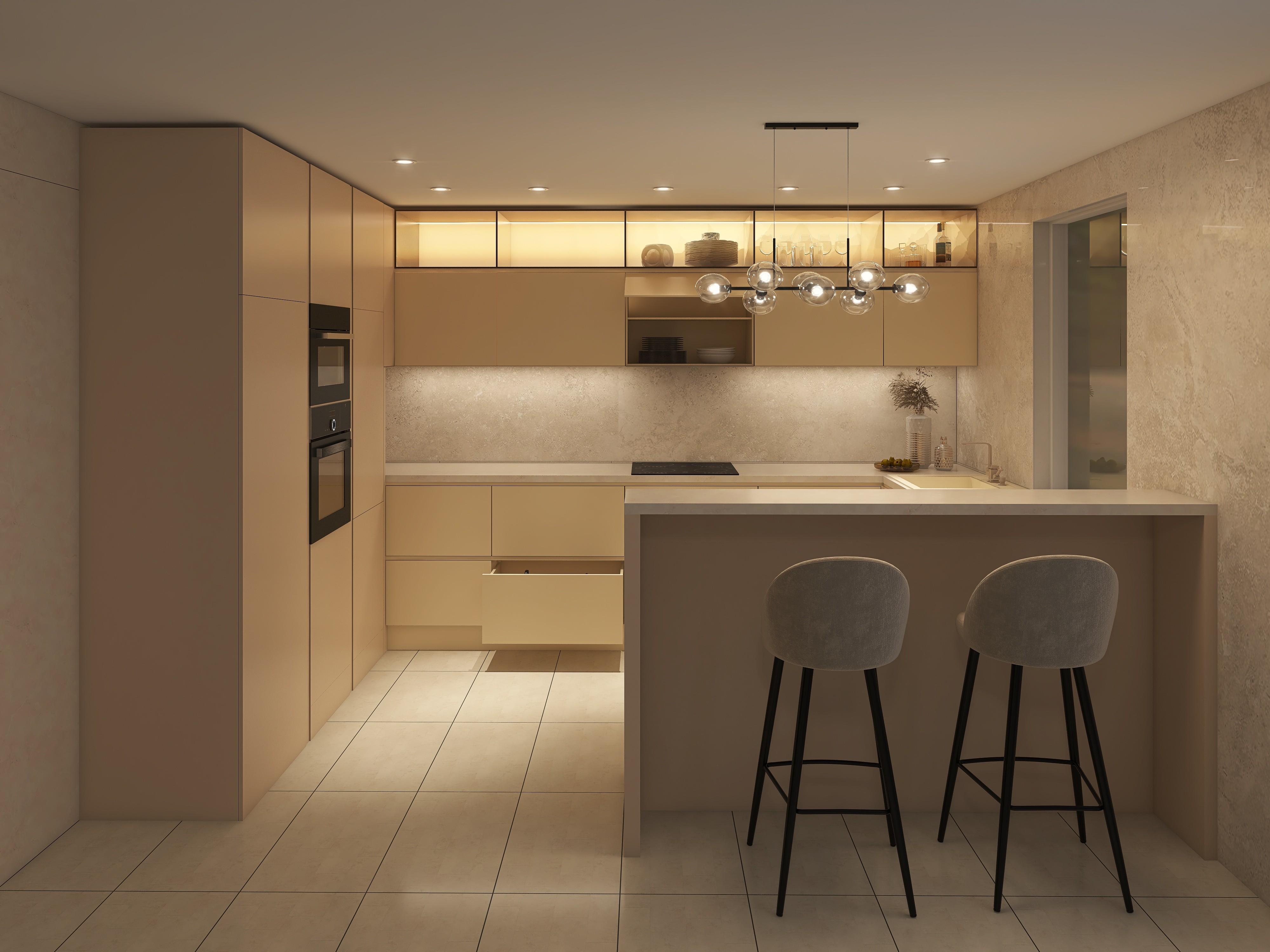 vysvietená kuchňa kašmír