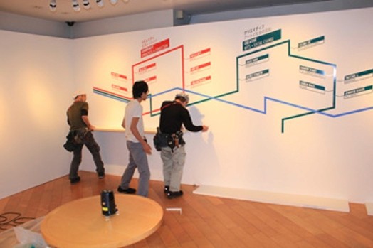people preparing the ideololis shelf for the exhibition