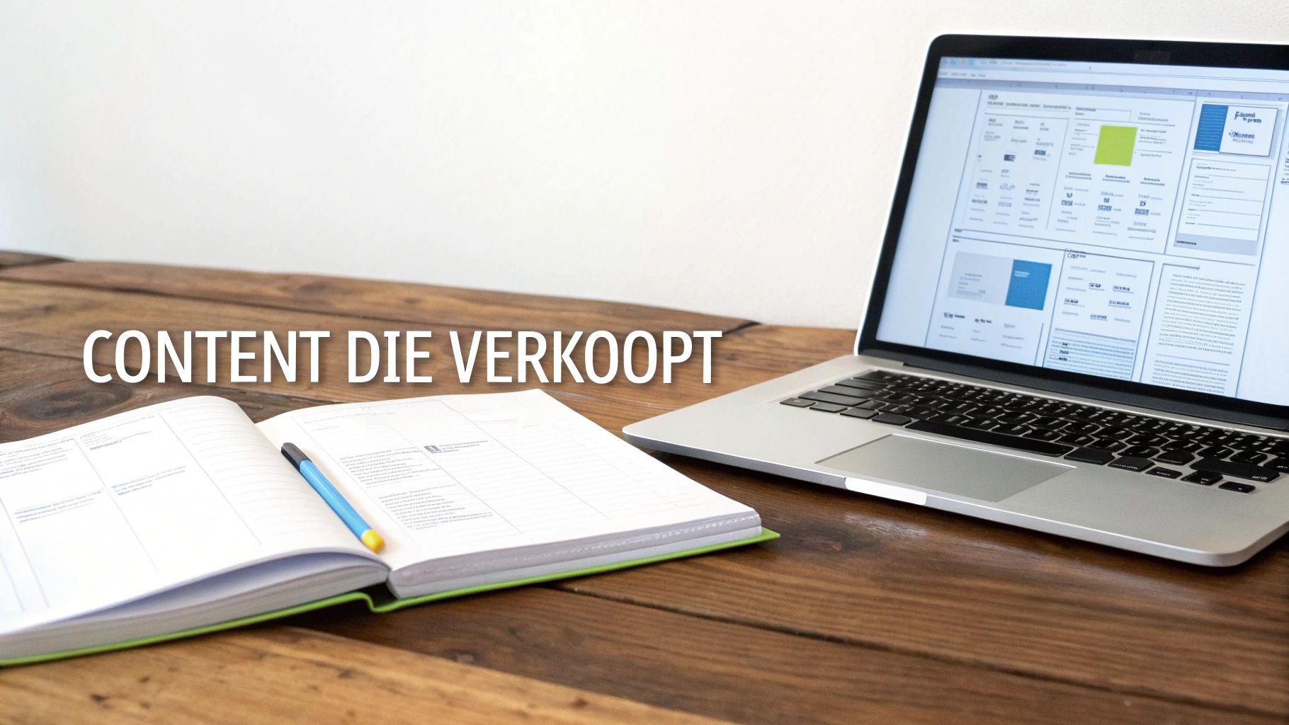 Een opgeruimde werkplek met een laptop, open notitieboek en pen, met de tekst 'CONTENT DIE VERKOOPT'.