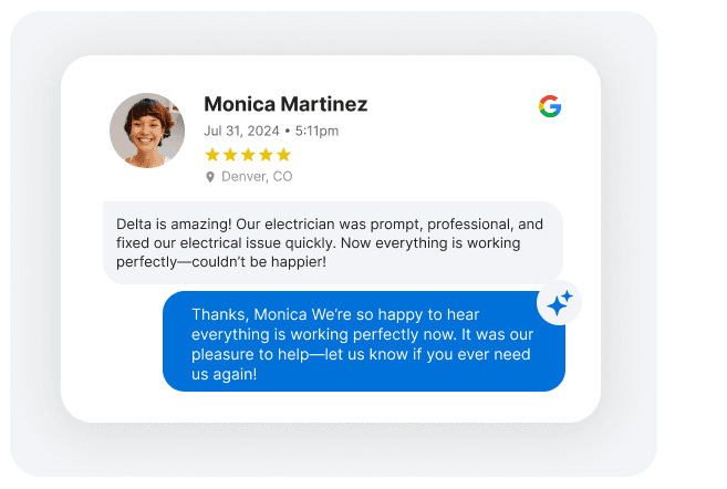 Google review for a plumbing business with an AI-generated response thanking the customer for their positive feedback.