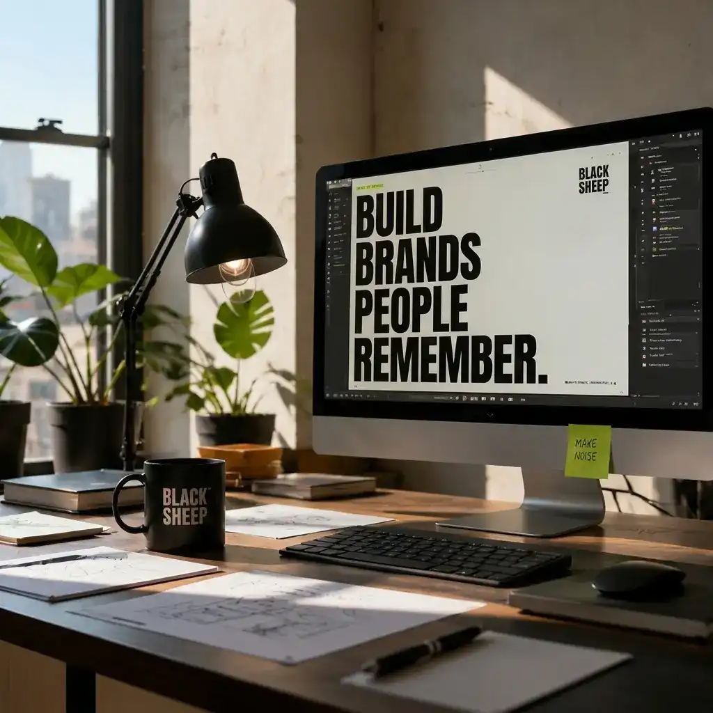 Creative workspace featuring a desktop brand presentation used to showcase strategy, positioning, and digital system development.
