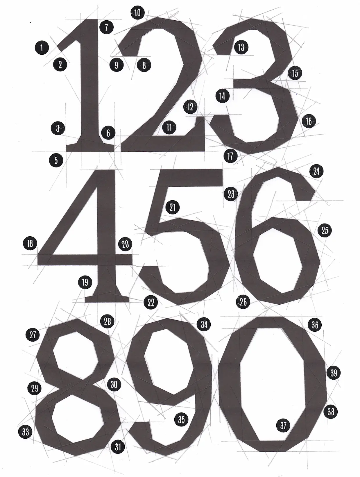 Planche montrant la construction modulaire des chiffres 0 à 9, avec repères et annotations techniques.