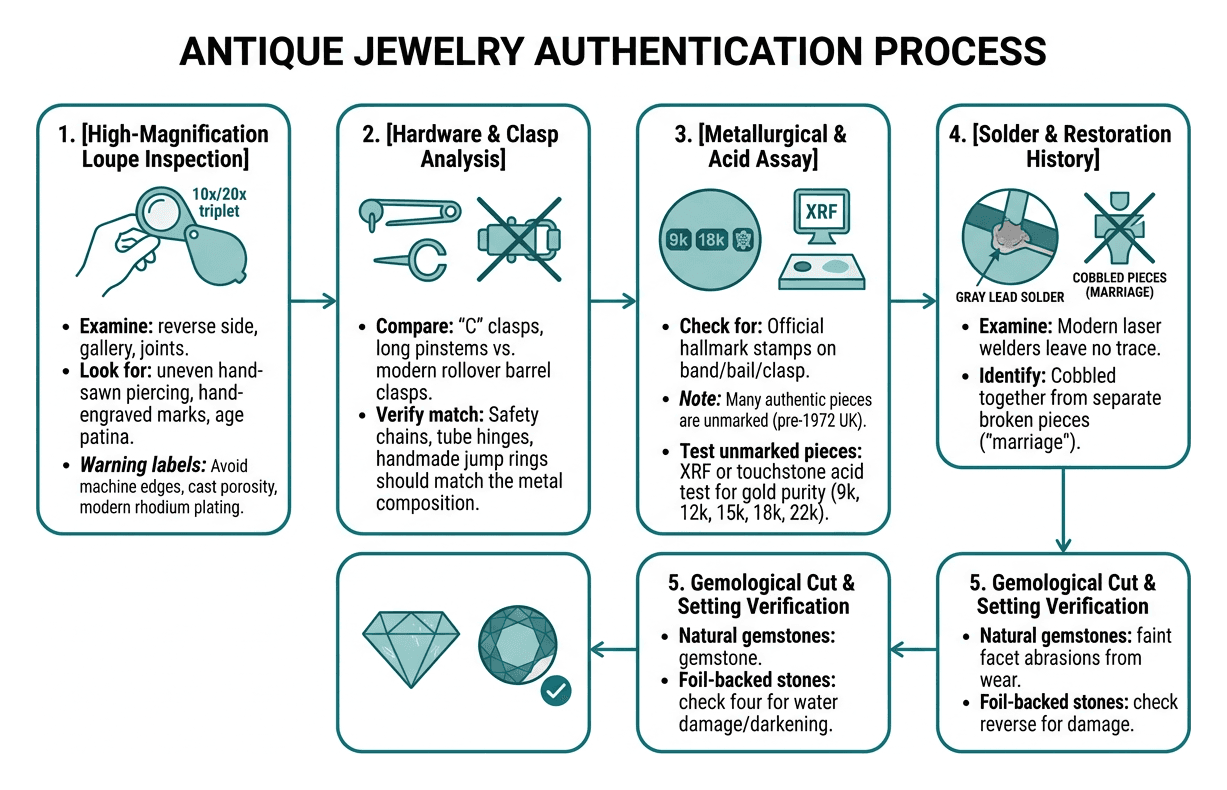 Step-by-step antique jewelry authentication process