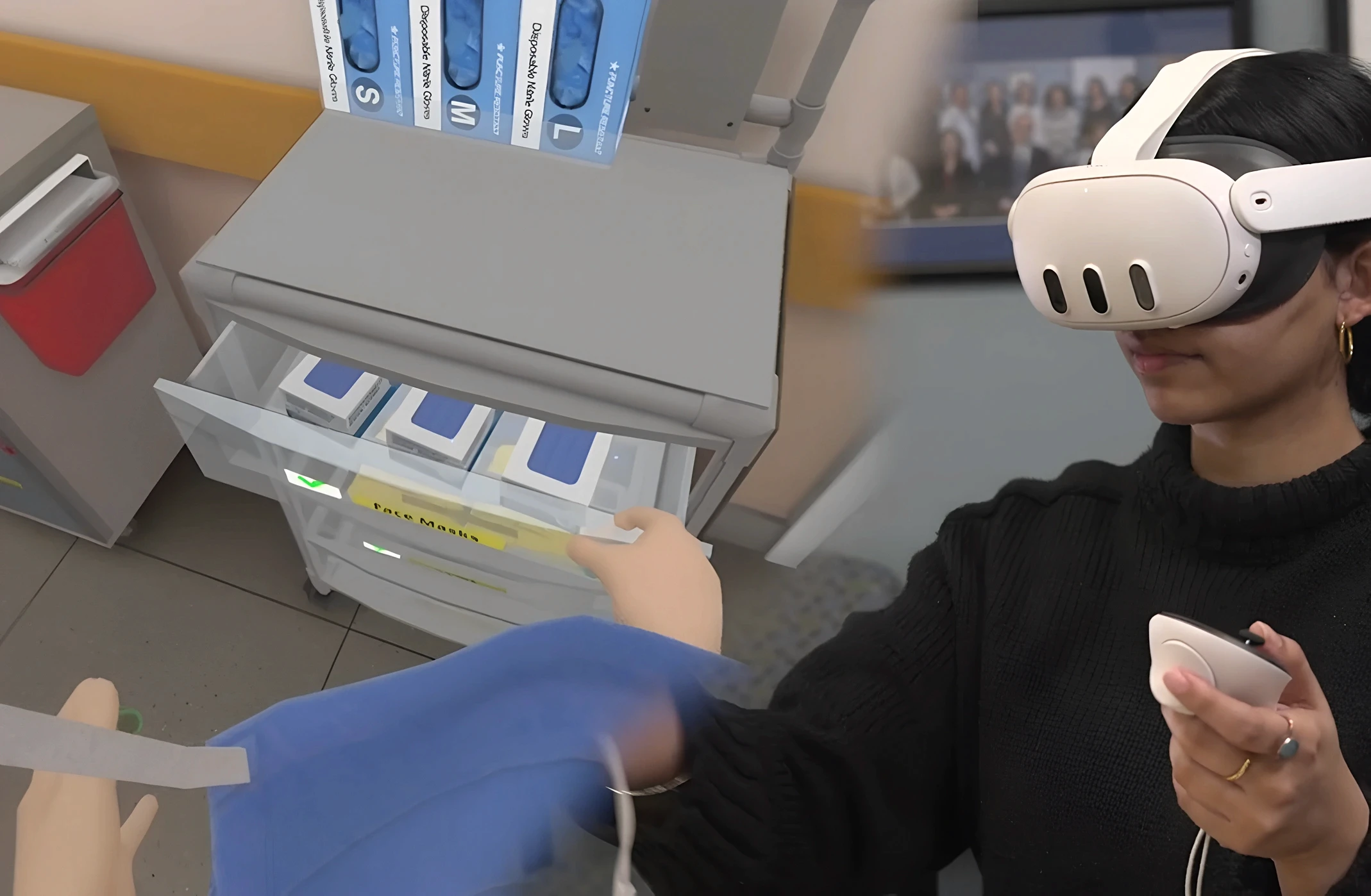 Medical student wearing a Meta Quest 3 headset practicing a clinical supply retrieval procedure in a VR medical simulation training environment