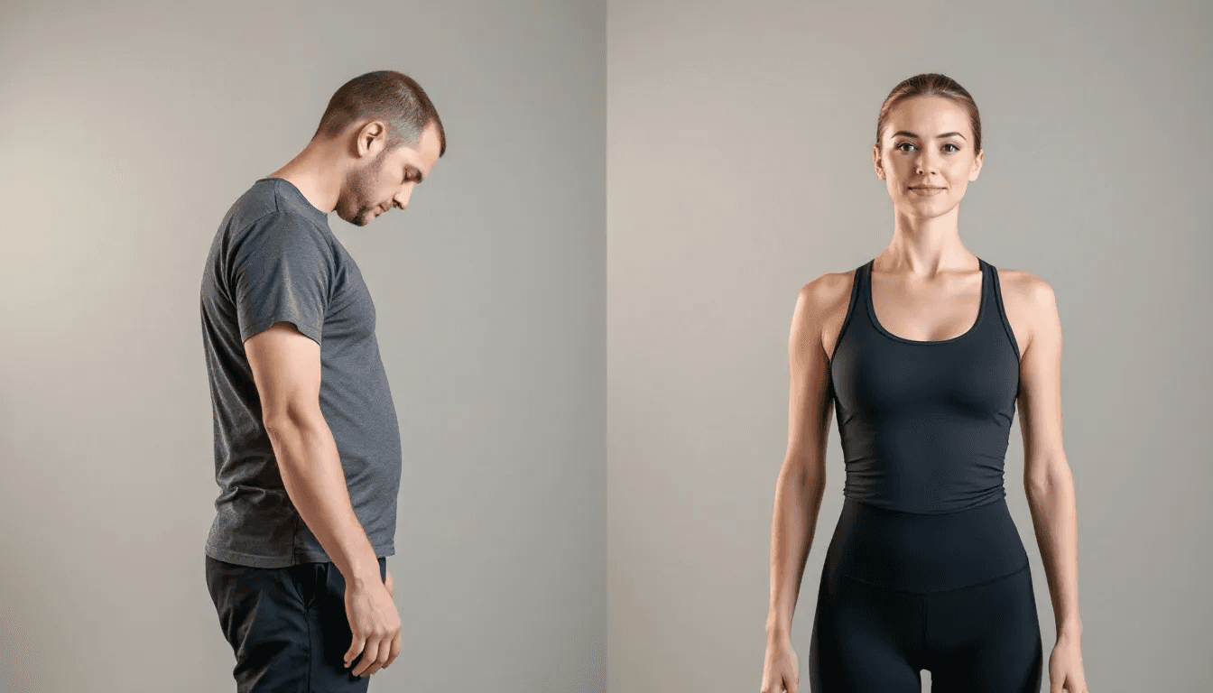 The image shows a before and after comparison highlighting improved posture and body alignment resulting from consistent pilates practice, showcasing the benefits of pilates exercises in enhancing body awareness and muscle tone. The transformation illustrates how pilates training can effectively strengthen core muscles and promote a toned physique.