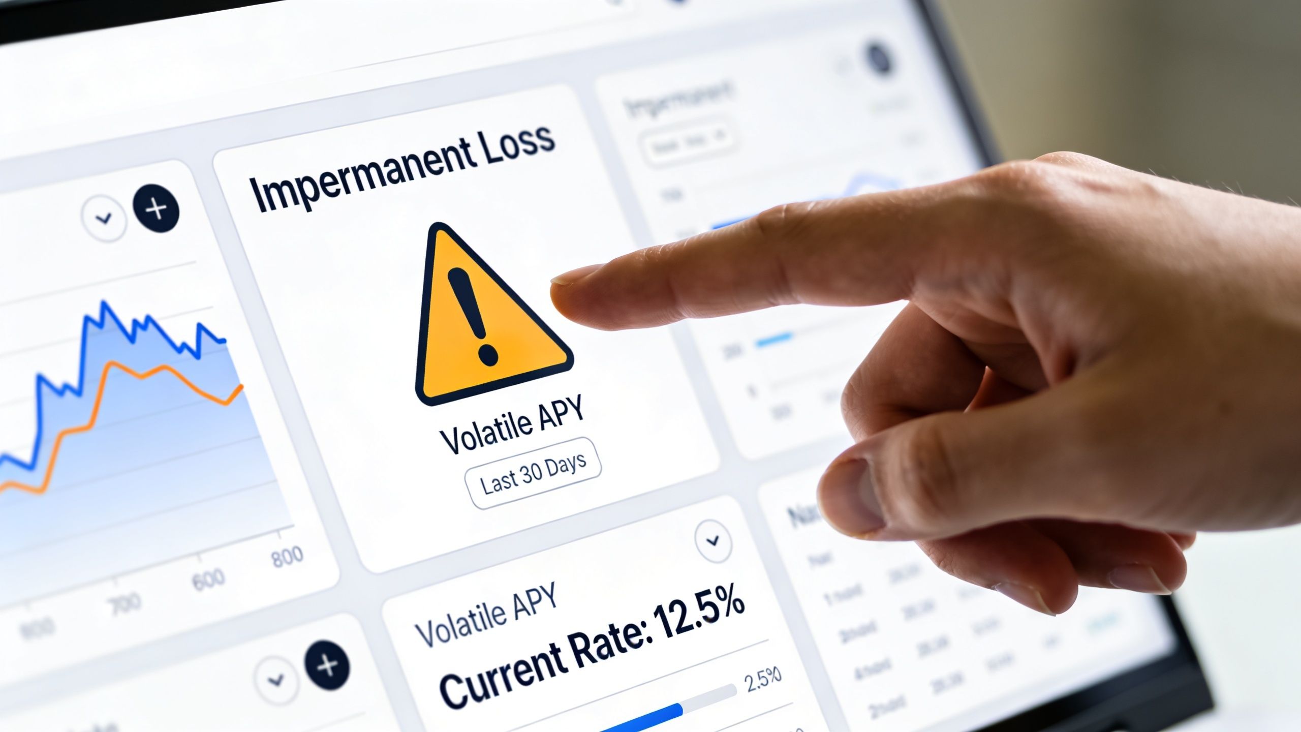 A hand pointing at a dashboard display showing information about impermanent loss and volatile annual percentage yields.