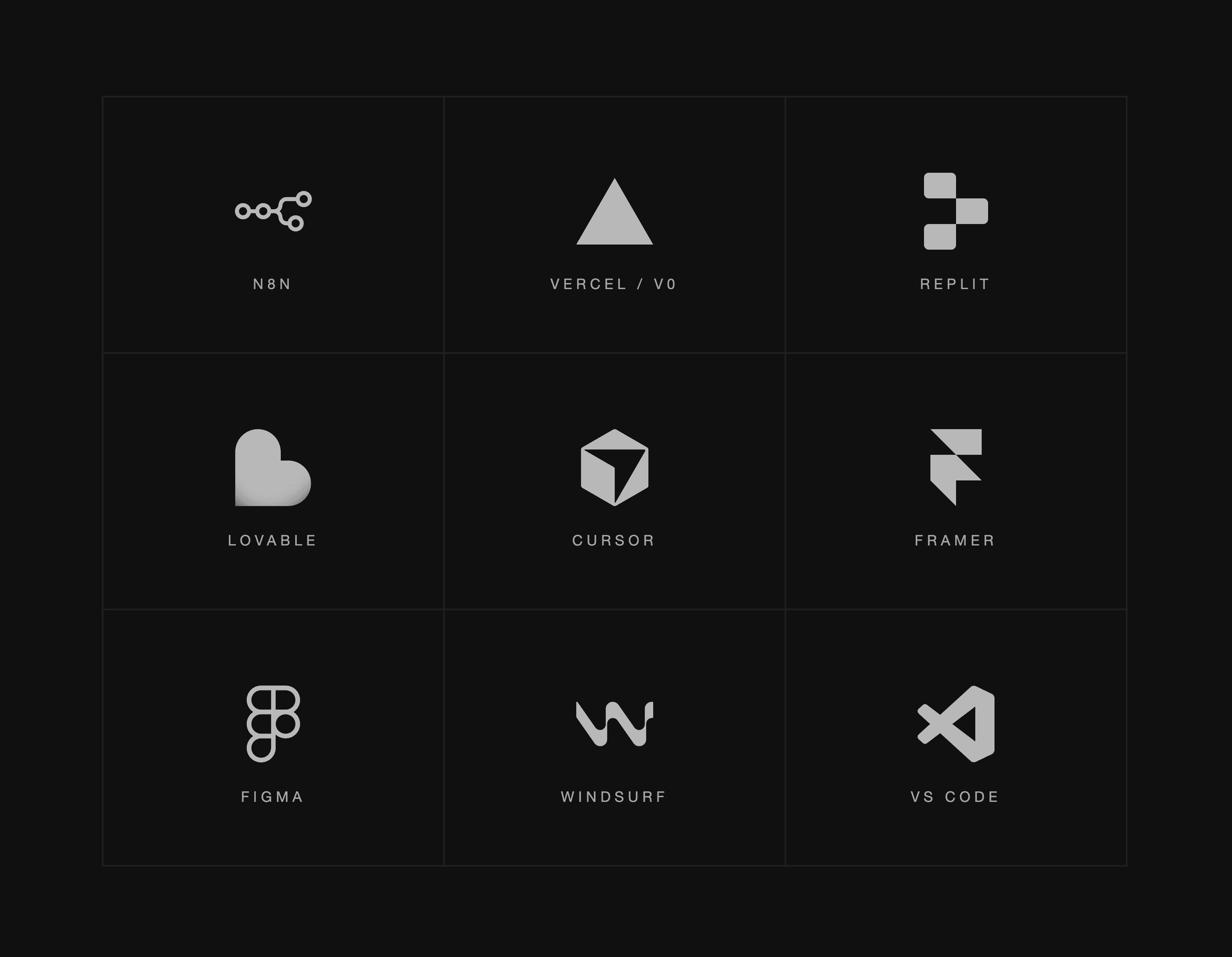 A grid of logos from major vibe coding and AI design tools.