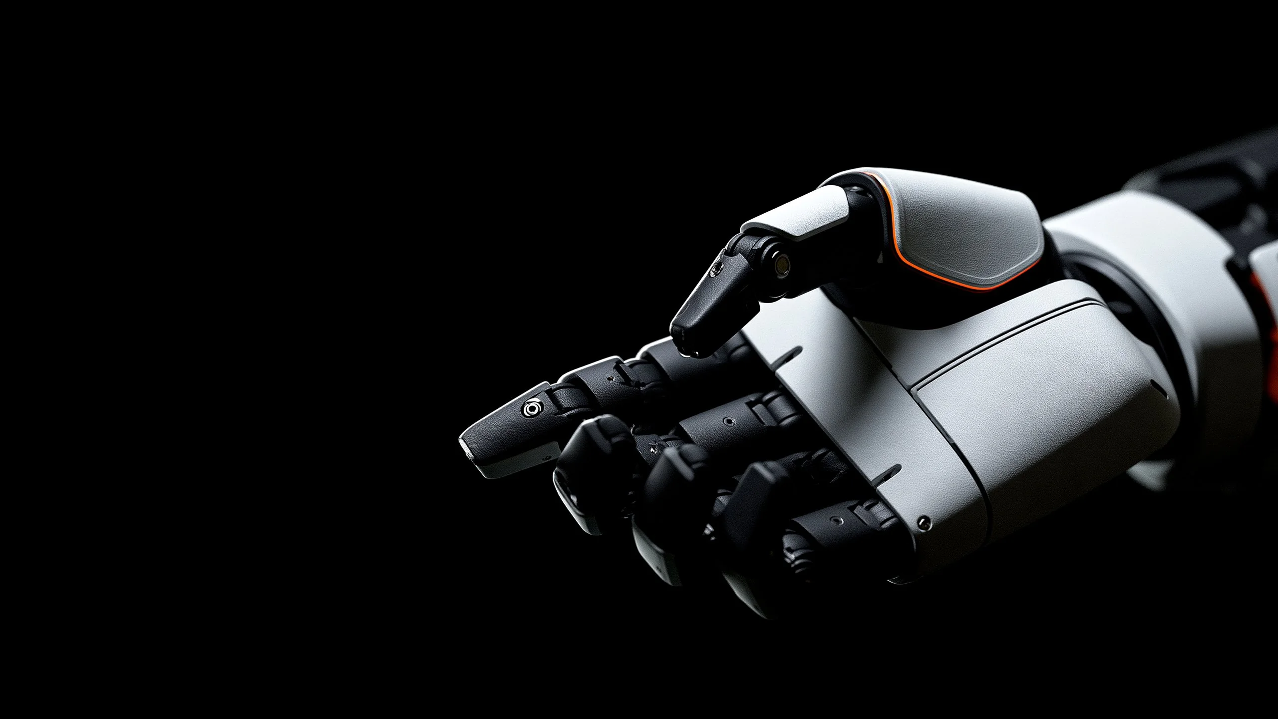 A white humanoid robot hand, open and reaching forward, on black.