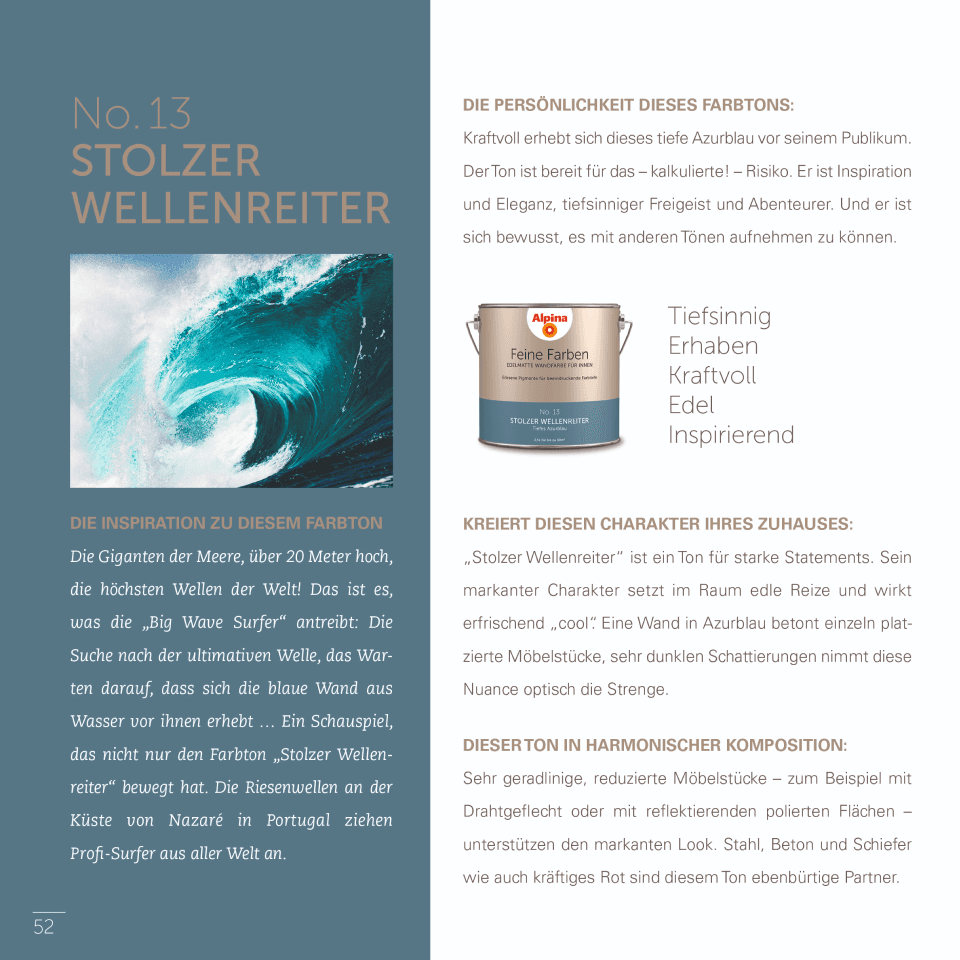 Alpina Feine Farben Editorial – Doppelseite zu „No. 13 Stolzer Wellenreiter" mit Big-Wave-Motiv, Eimer-Abbildung und Eigenschafts-Reihe „Tiefsinnig, Erhaben, Kraftvoll, Edel, Inspirierend".