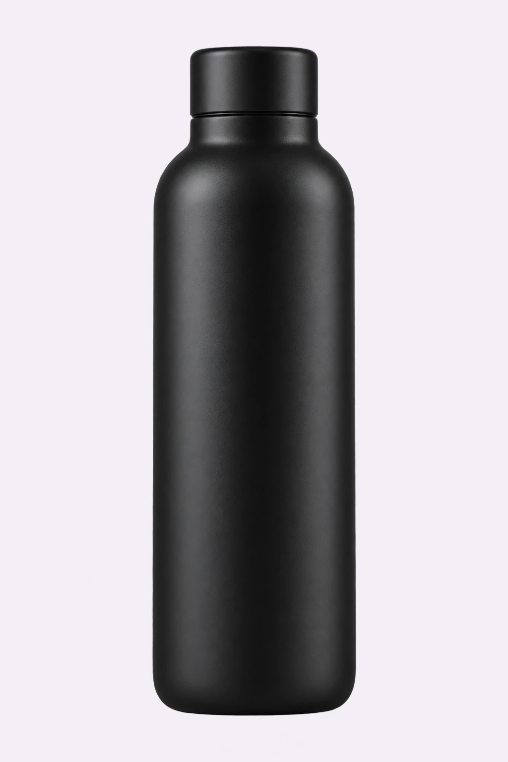 Fictional matte black bottle shown against a pale lavender background