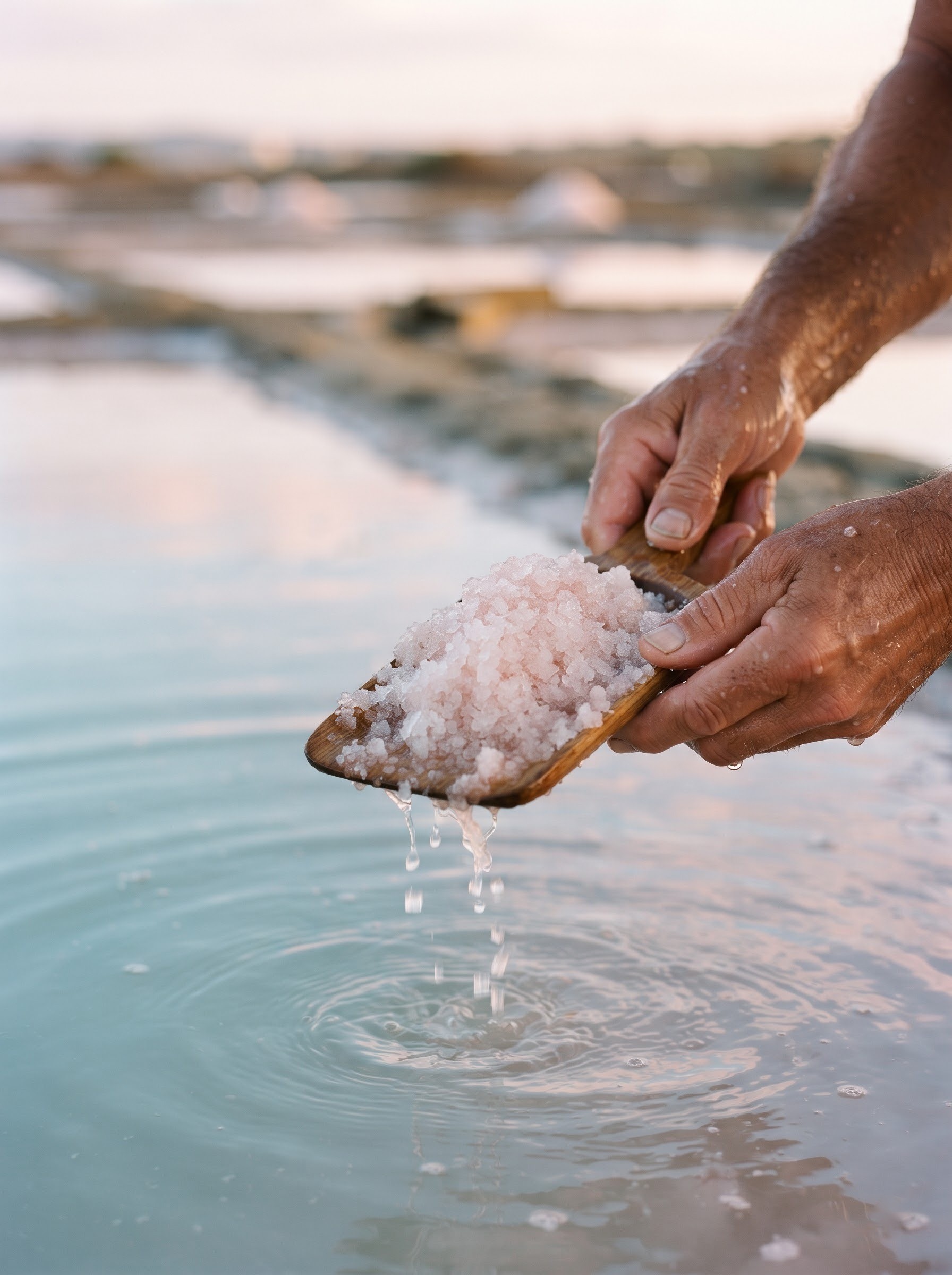 Hands lifting wet salt from a salt pan