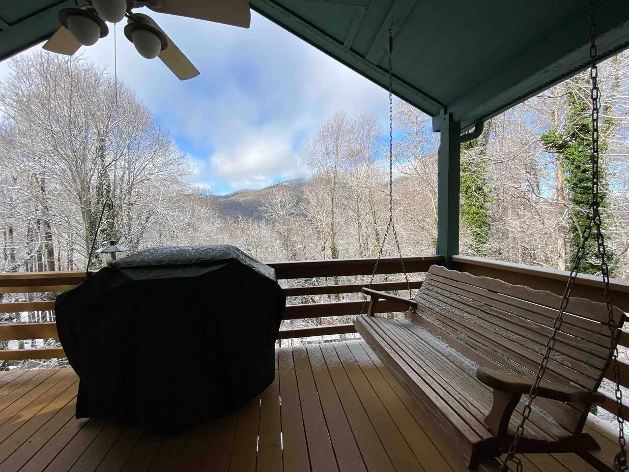 Bella Vita covered deck with porch swing and winter view