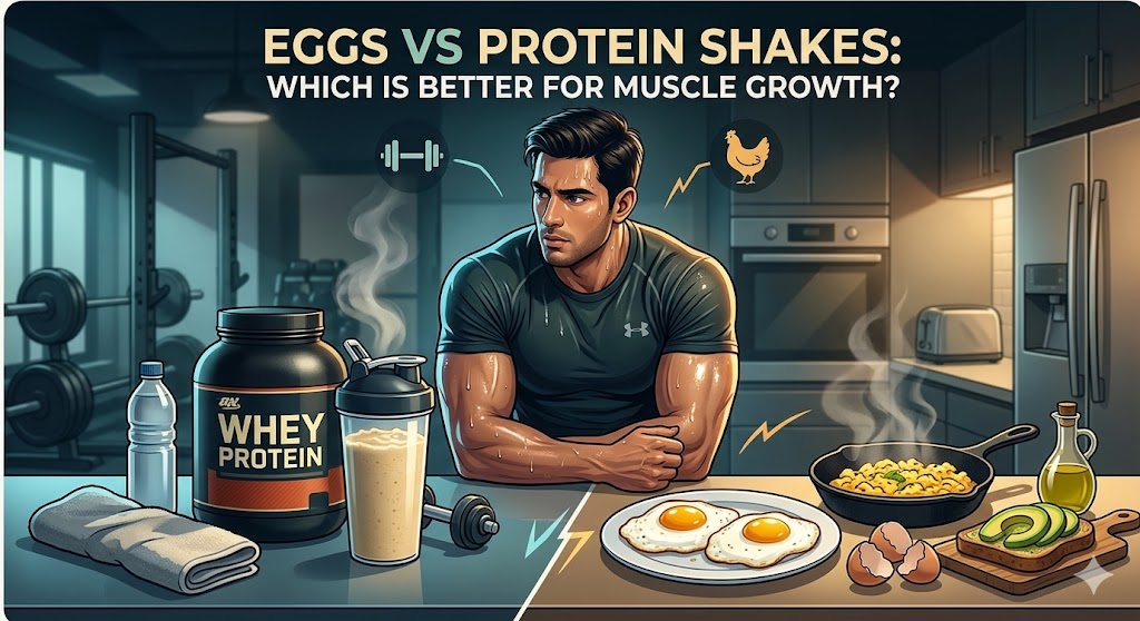 A visual infographic comparing whey protein shakes and whole eggs for muscle growth, featuring a muscular athlete in a gym and kitchen setting with comparison icons.