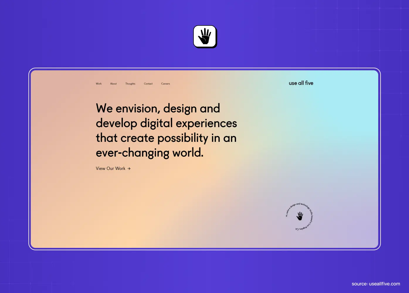 Soft gradient hero section featuring clean typography and a minimalist interface promoting digital experiences and creative innovation.