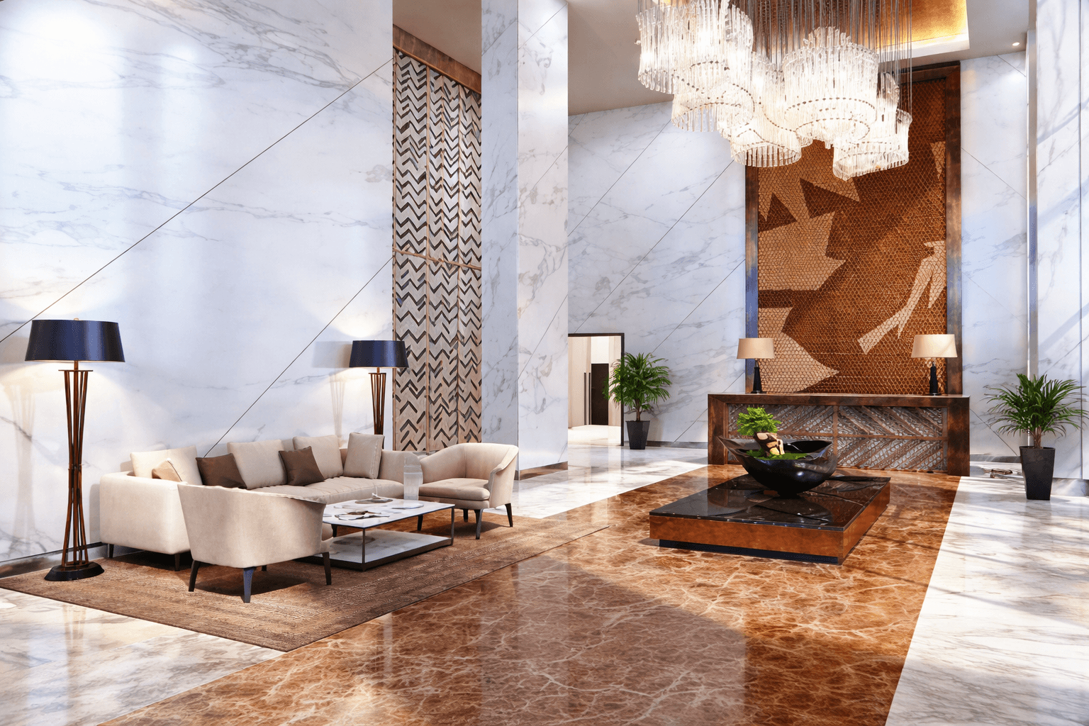 Opulent 5-star reception lobby at premium serviced apartments Sector 74