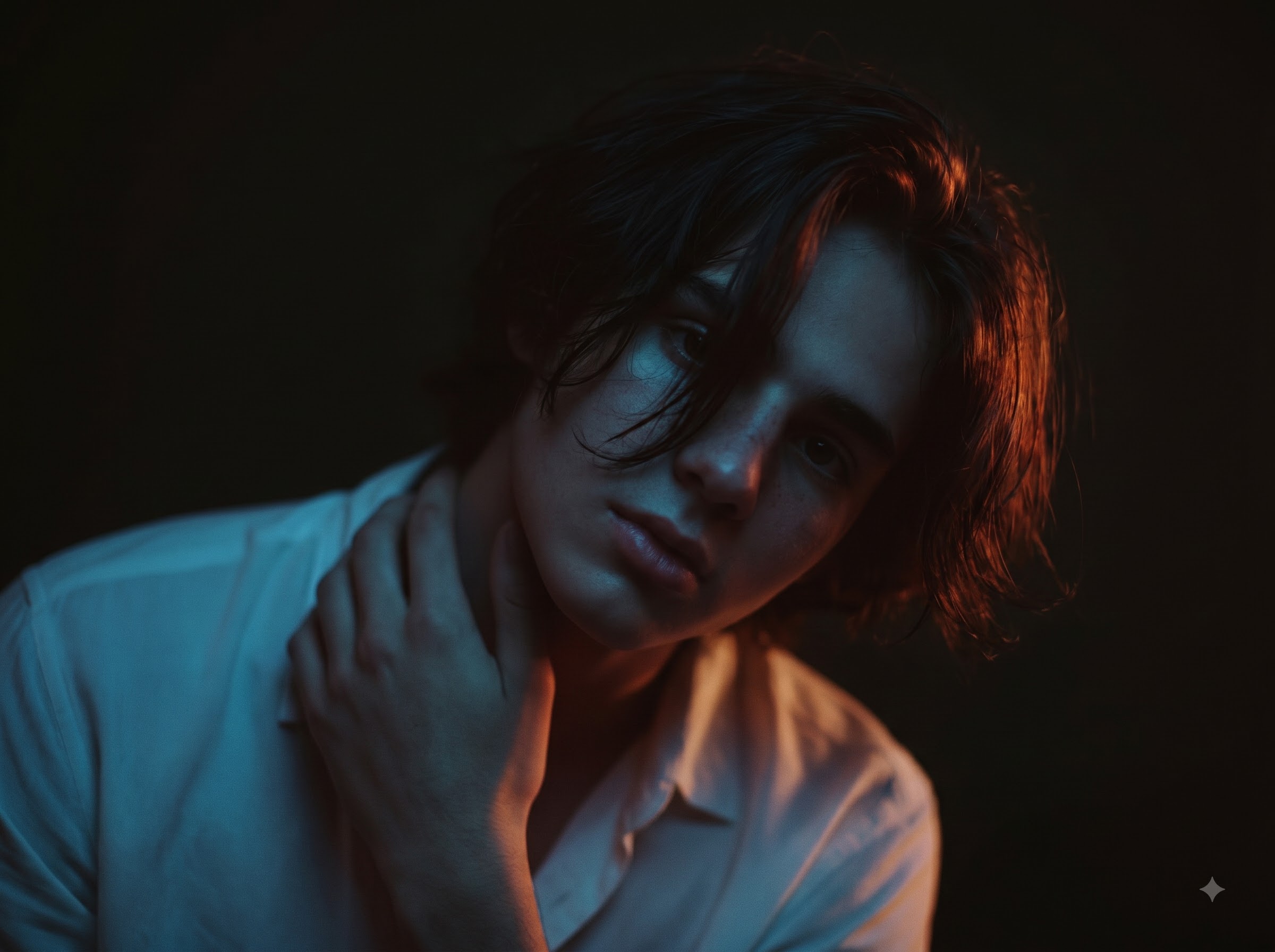Moody portrait of a person with dark hair holding their neck, lit by contrasting blue and orange lights.