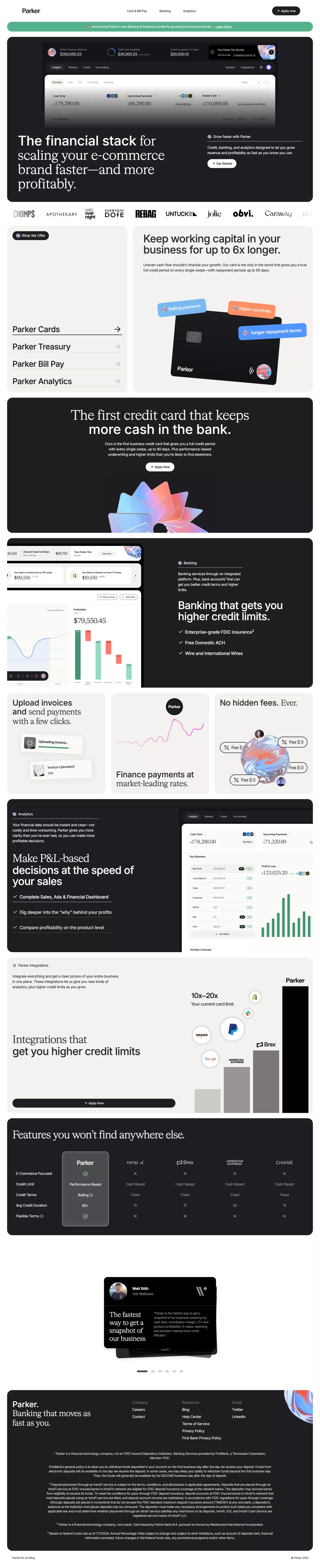 Parker landing page screenshot showcasing Tech and Finance design